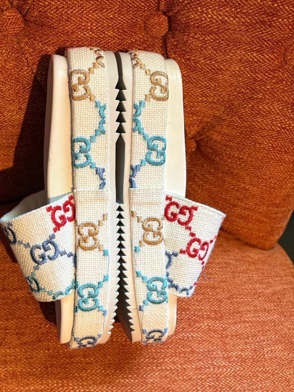 Gucci Angelina Multicolor GG Logo Platform Slides Sandals